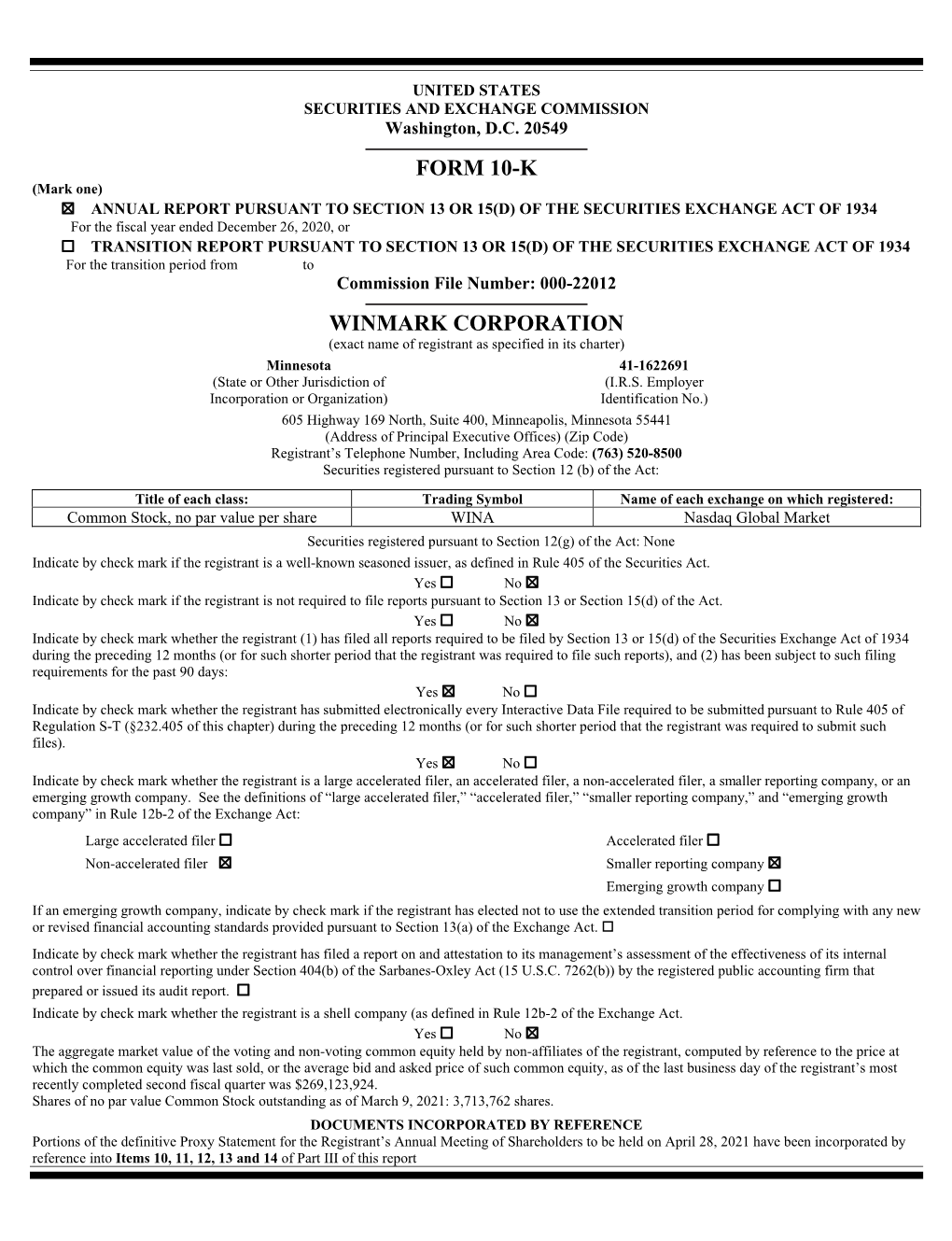 Form 10-K Winmark Corporation