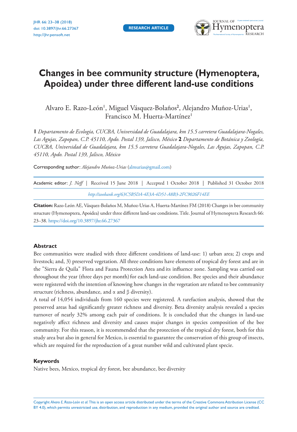 ﻿Changes in Bee Community Structure (Hymenoptera, Apoidea) Under Three Different Land-Use Conditions