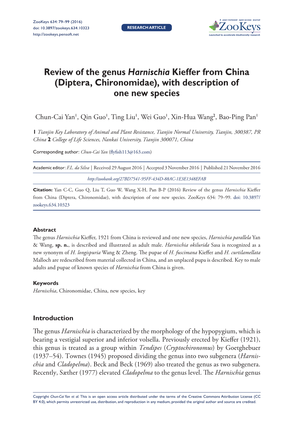 ﻿Review of the Genus Harnischia Kieffer from China (Diptera, Chironomidae), with Description of One New Species