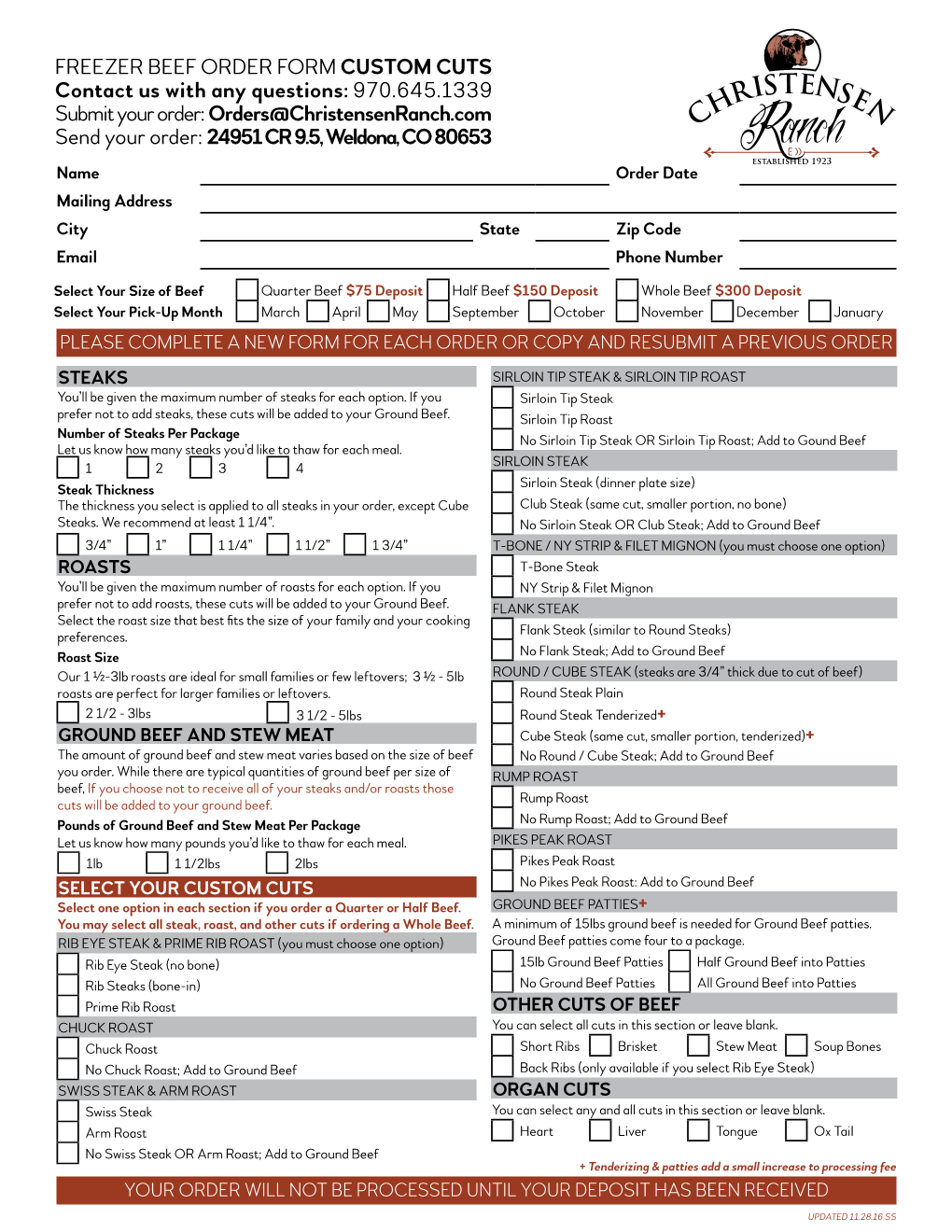 Freezer Beef Order Form Custom