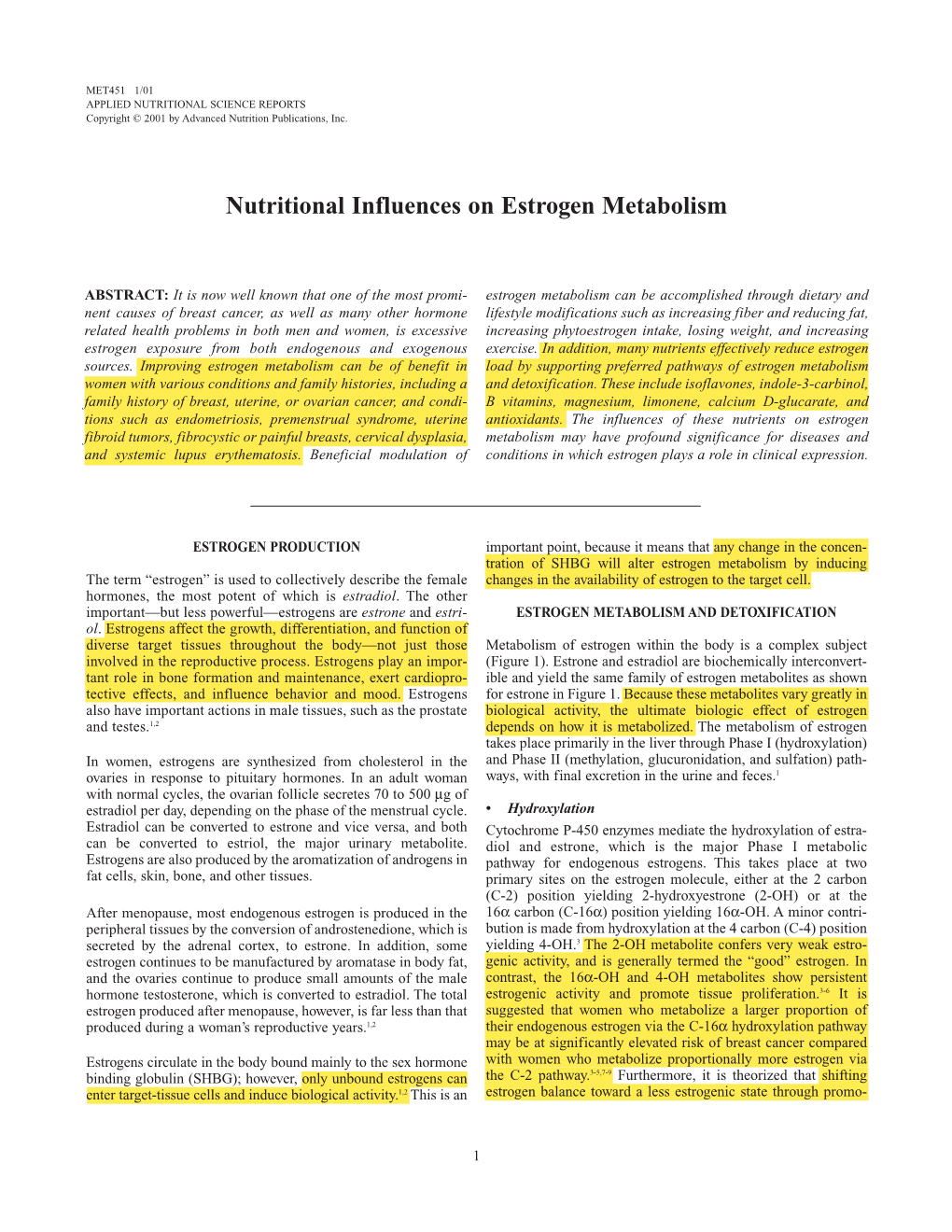 Nutritional Influences on Estrogen Metabolism