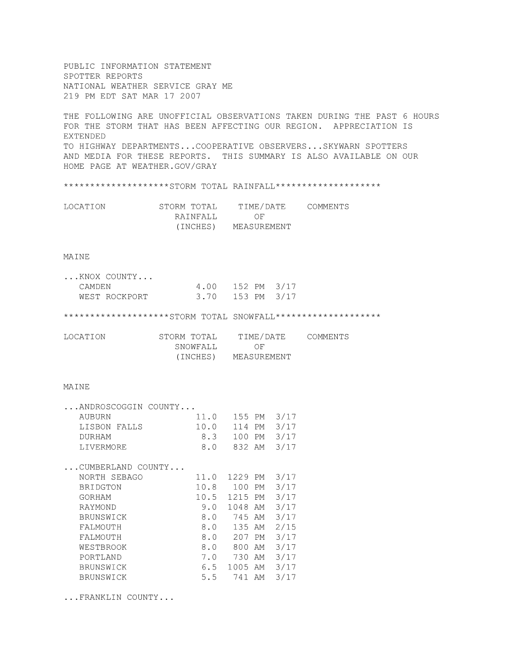 Public Information Statement Spotter Reports National Weather Service Gray Me 219 Pm Edt Sat Mar 17 2007