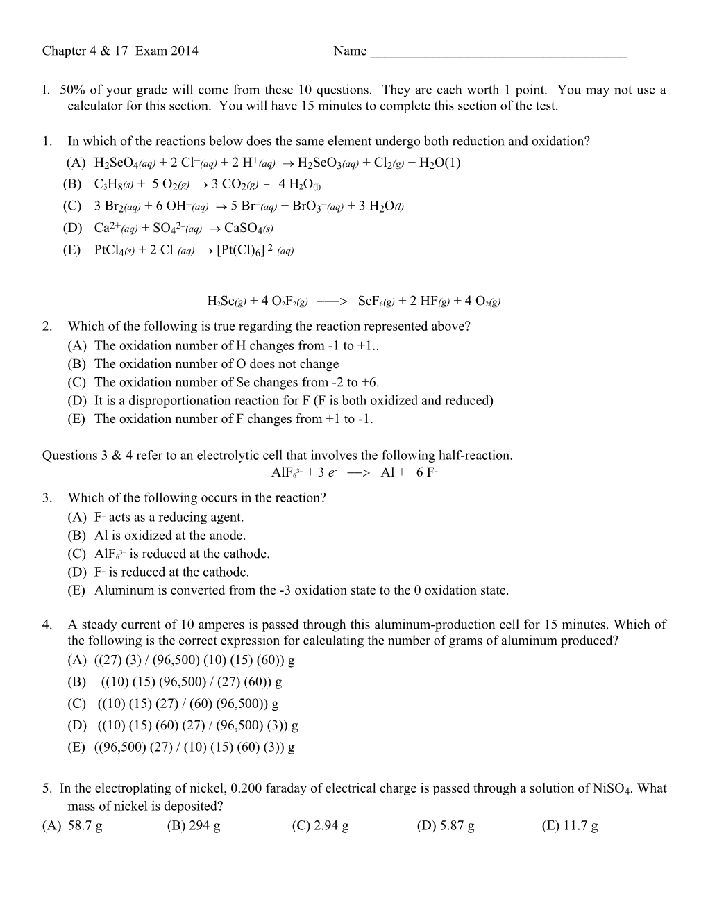 Questions 11 14 Refer to the Reactions Represented Below