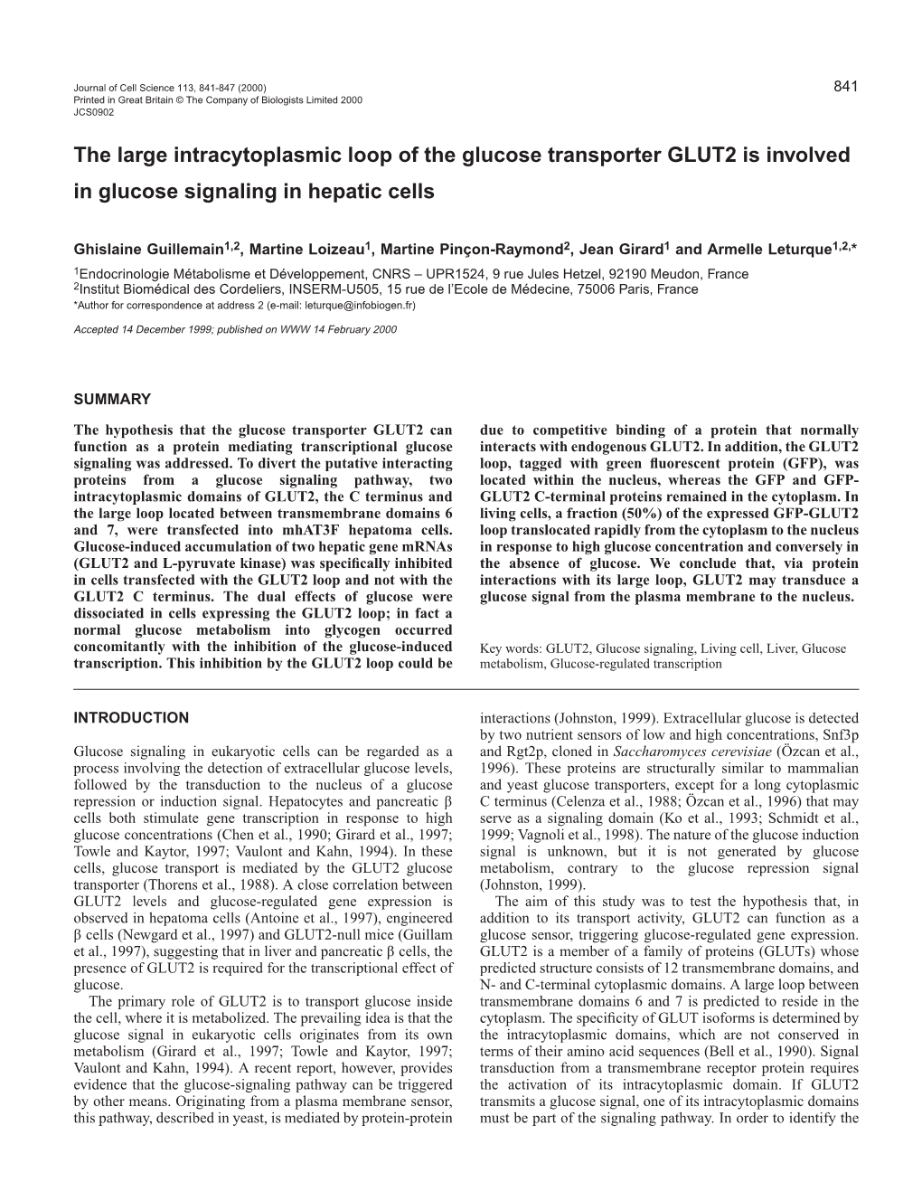 GLUT2 Intracytoplasmic Loop Transmits Glucose Signaling 843