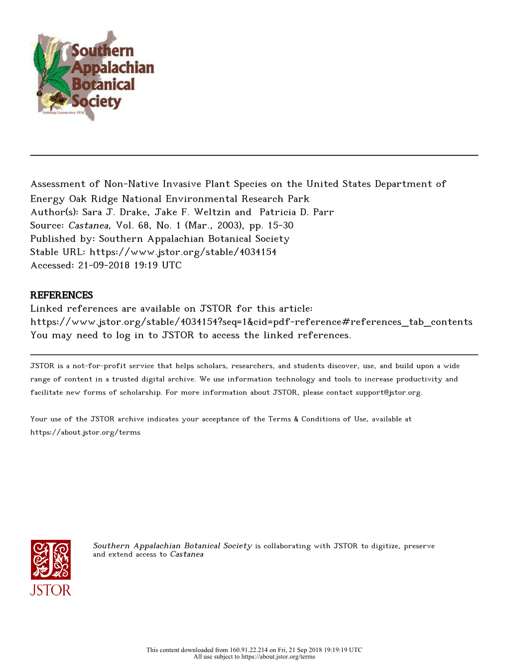 Assessment of Non-Native Invasive Plant Species on the United States Department of Energy Oak Ridge National Environmental Research Park Author(S): Sara J