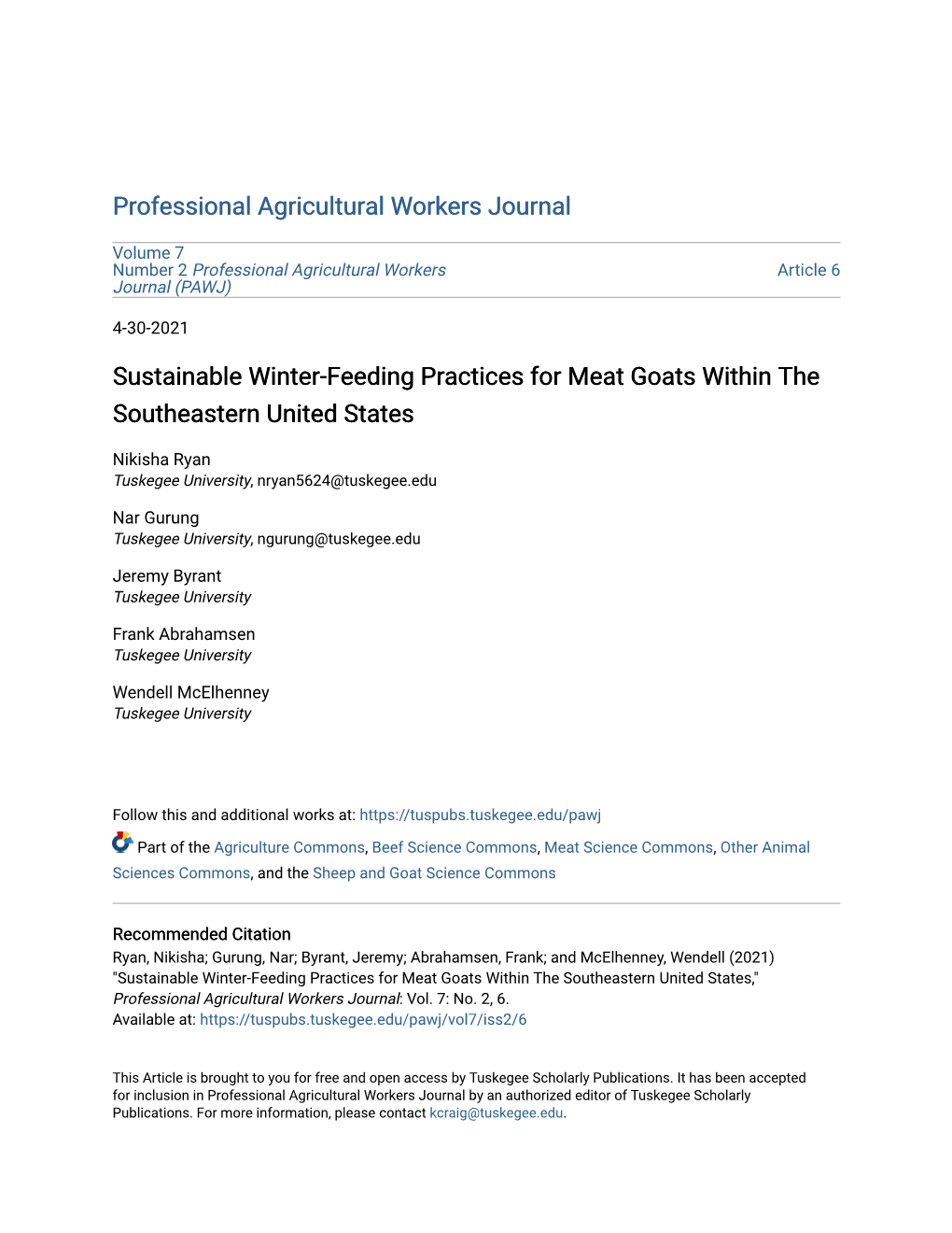Sustainable Winter-Feeding Practices for Meat Goats Within the Southeastern United States
