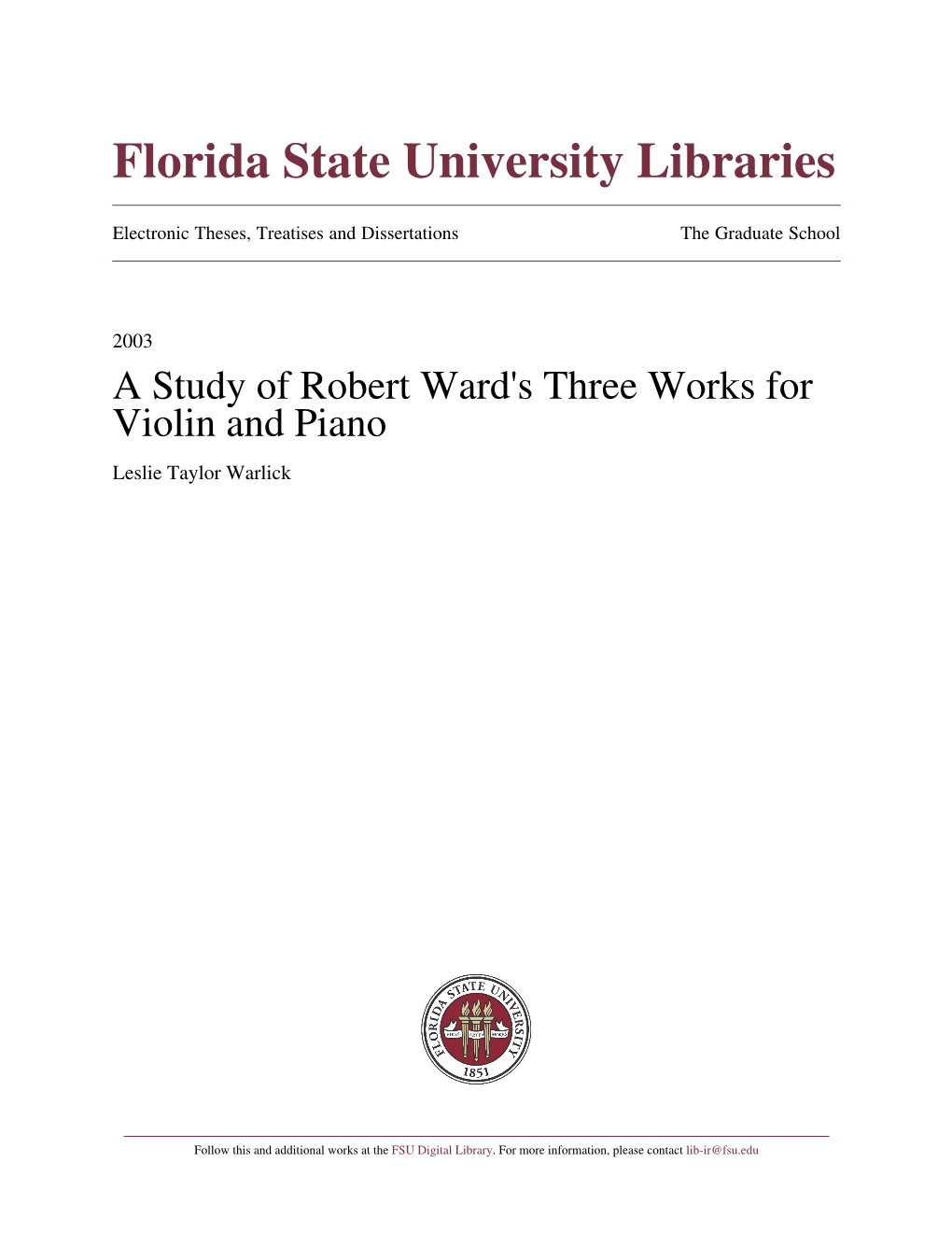 A Study of Robert Wardâ•Žs Three Works for Violin and Piano