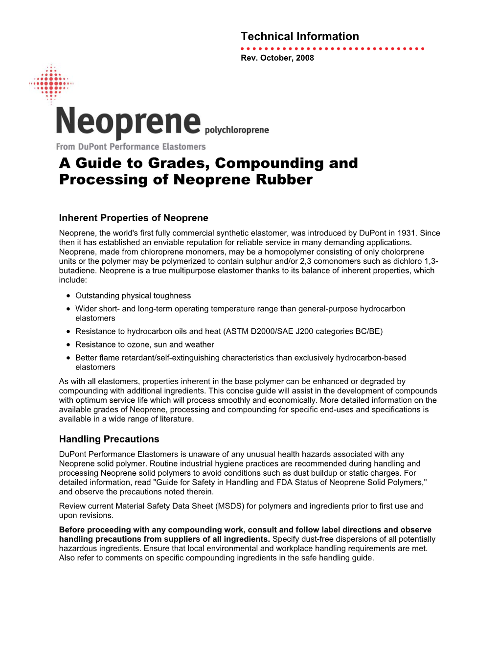 A Guide to Grades, Compounding and Processing of Neoprene Rubber