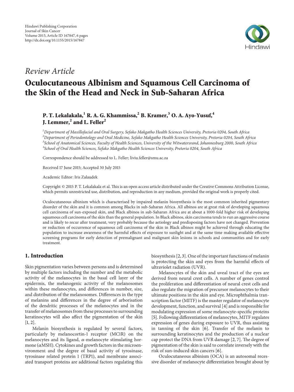 Review Article Oculocutaneous Albinism and Squamous Cell Carcinoma of the Skin of the Head and Neck in Sub-Saharan Africa