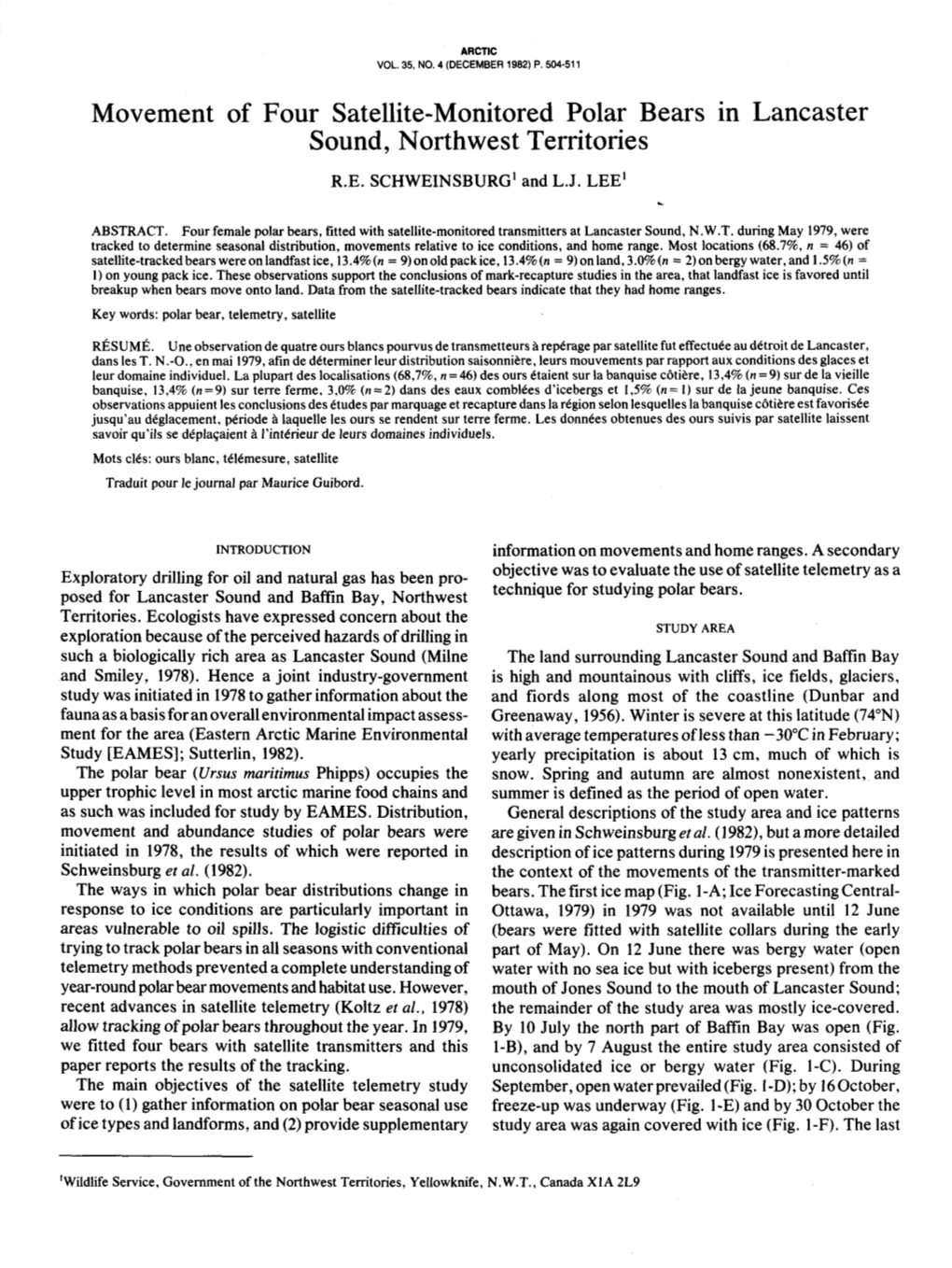 Movement of Four Satellite-Monitored Polar Bears in Lancaster Sound, Northwest Territories R.E