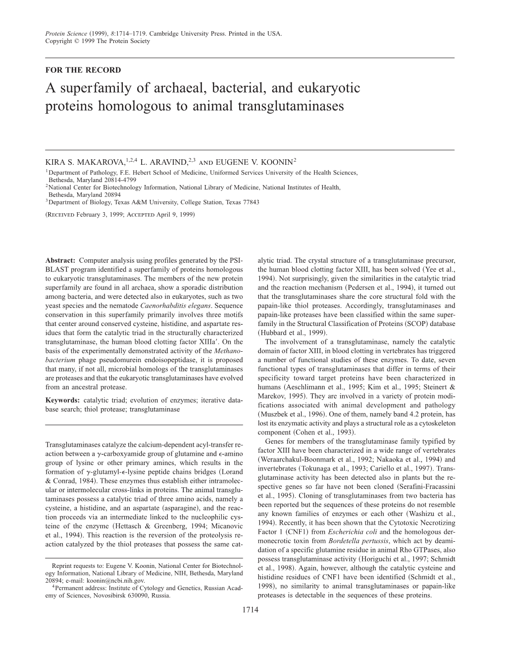 A Superfamily of Archaeal, Bacterial, and Eukaryotic Proteins Homologous to Animal Transglutaminases