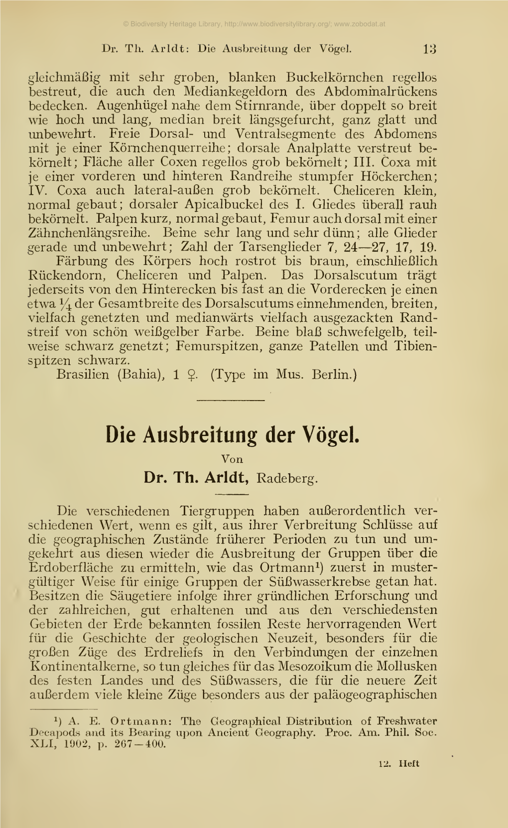 Die Ausbreitung Der Vögel. Theodor Arldt