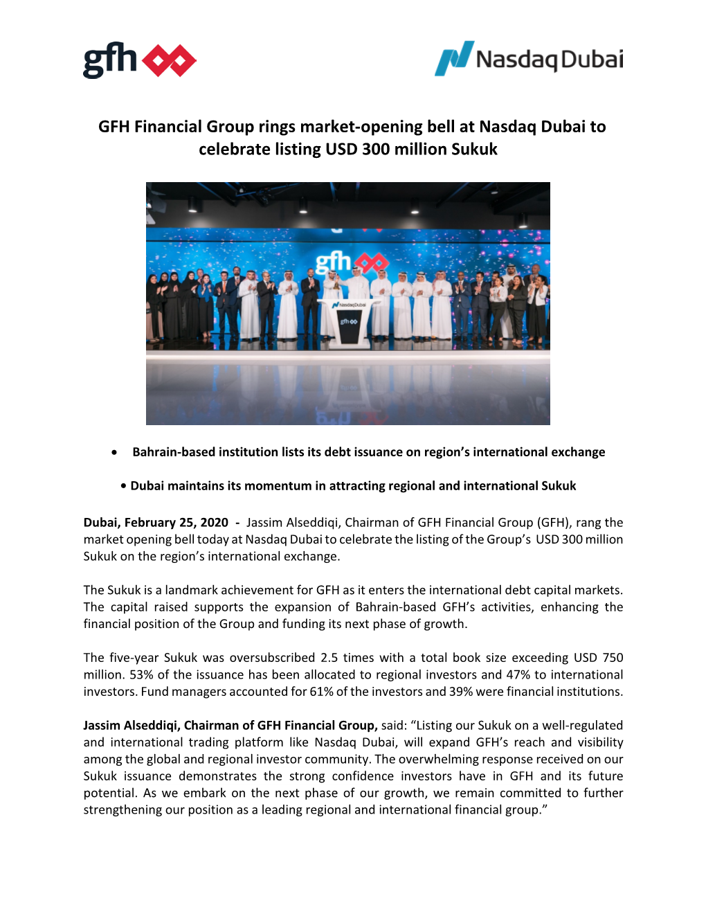 GFH Financial Group Rings Market-Opening Bell at Nasdaq Dubai to Celebrate Listing USD 300 Million Sukuk