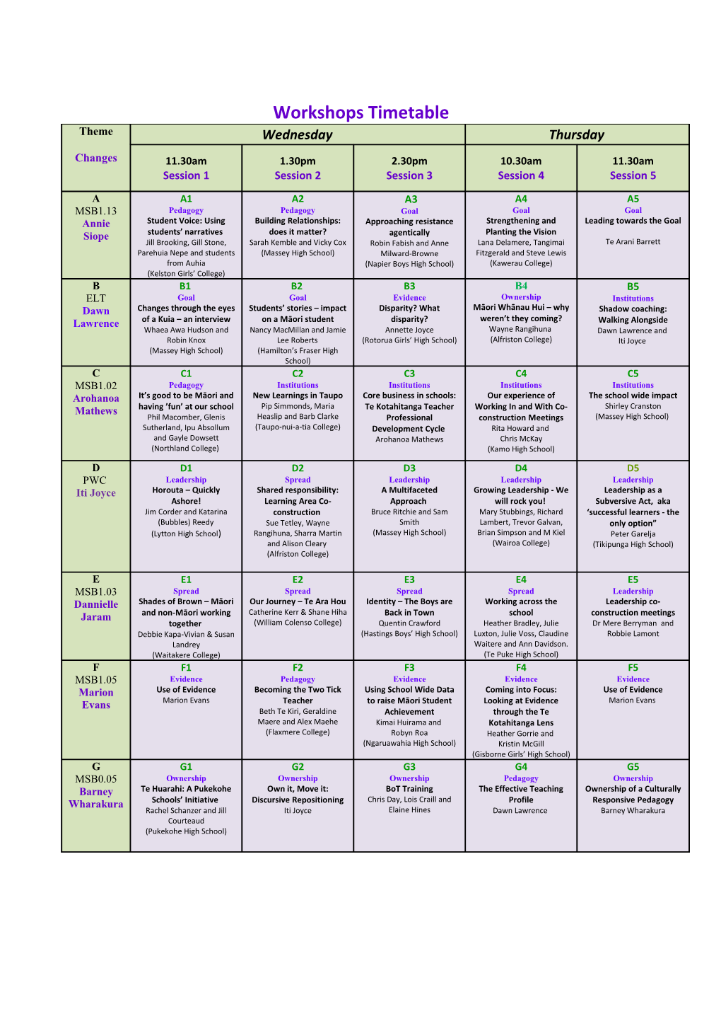 Workshops Timetable