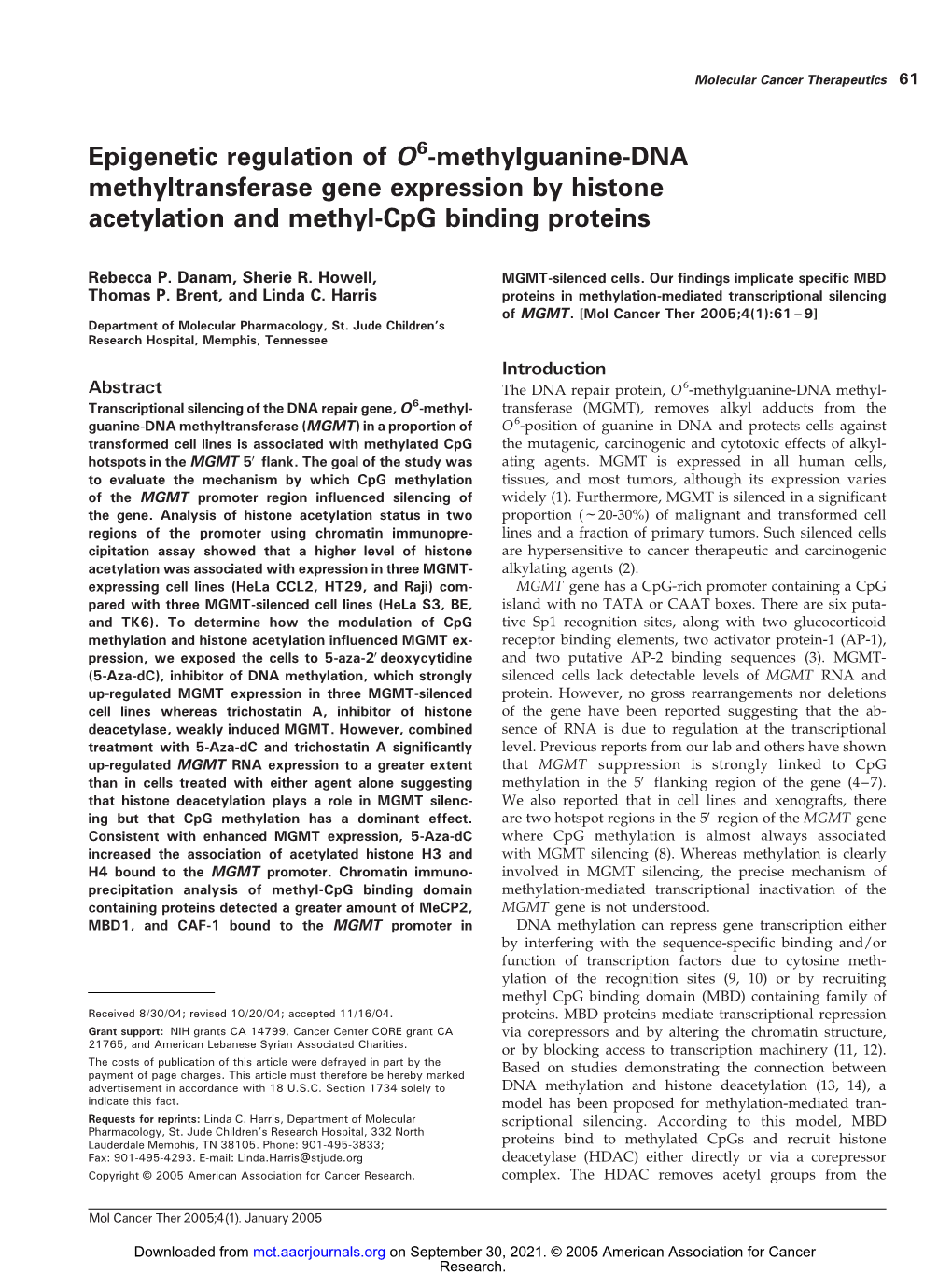 Methylguanine-DNA Methyltransferase Gene Expression by Histone Acetylation and Methyl-Cpg Binding Proteins