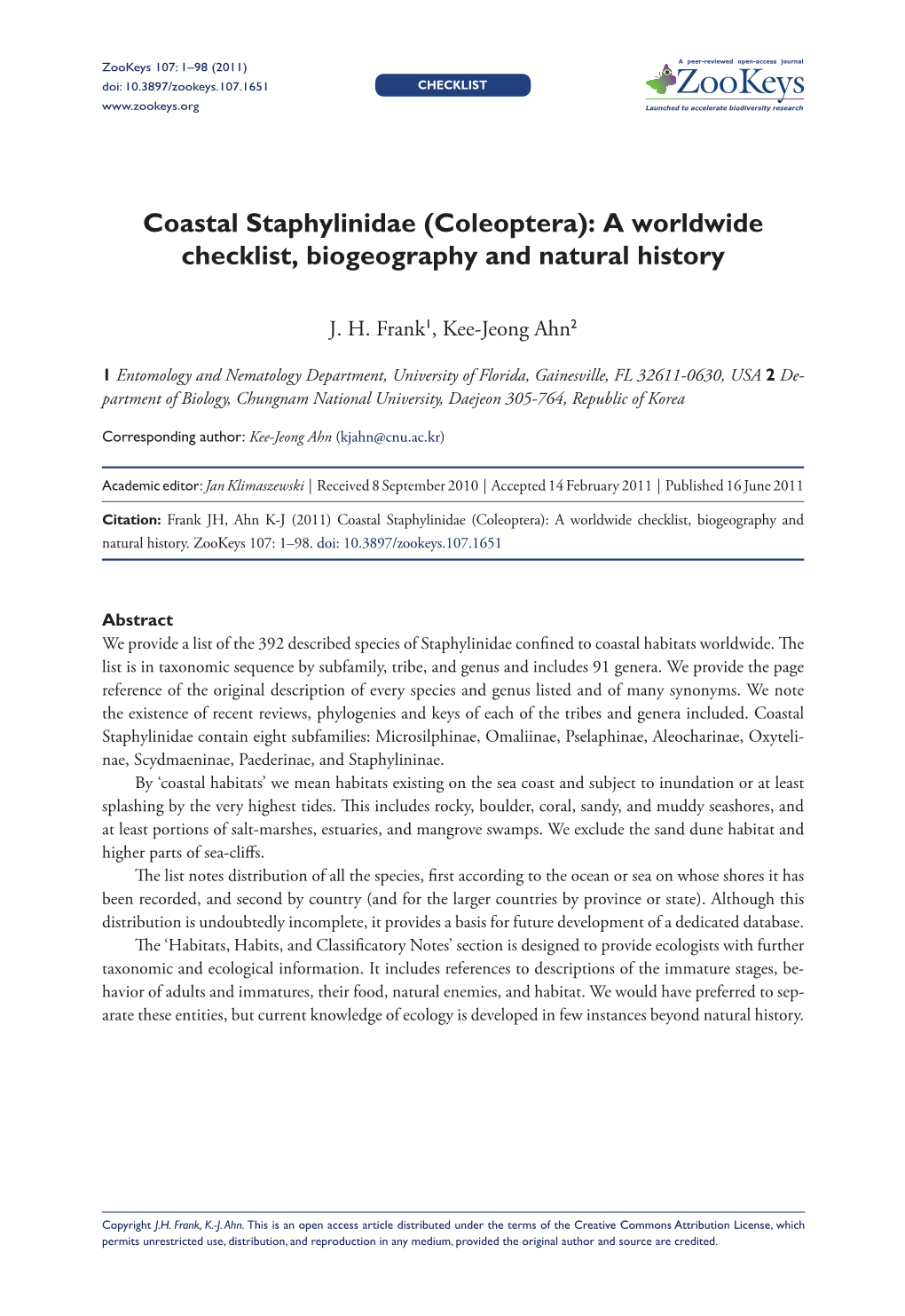 Coastal Staphylinidae (Coleoptera) 1 Doi: 10.3897/Zookeys.107.1651 Checklist Launched to Accelerate Biodiversity Research