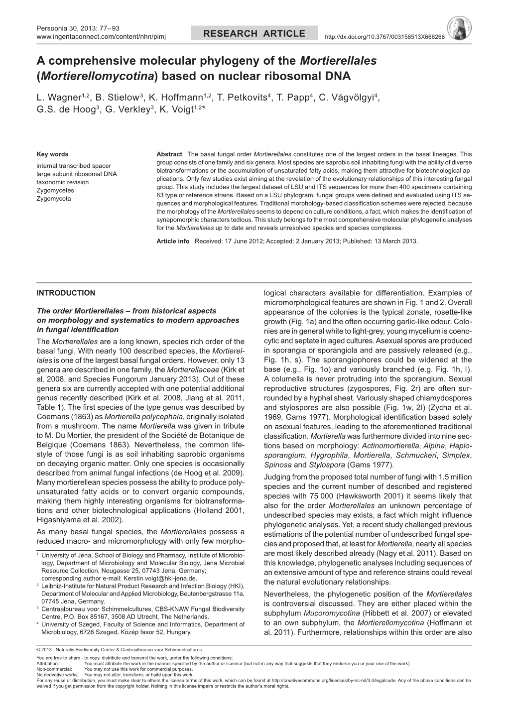 A Comprehensive Molecular Phylogeny of the Mortierellales (Mortierellomycotina) Based on Nuclear Ribosomal DNA