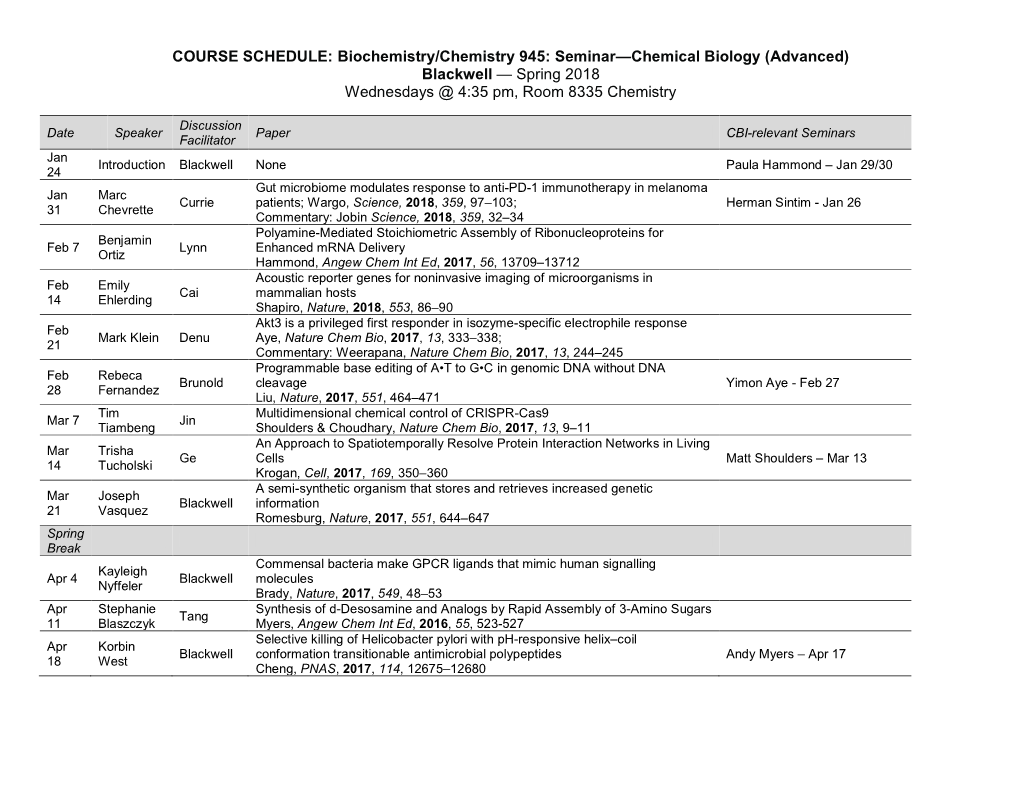 COURSE SCHEDULE: Biochemistry/Chemistry 945: Seminar—Chemical Biology (Advanced) Blackwell — Spring 2018 Wednesdays @ 4:35 Pm, Room 8335 Chemistry