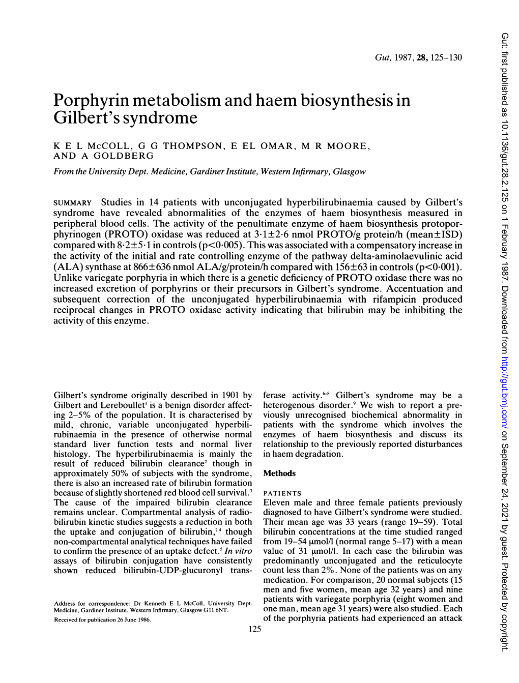 Porphyrin Metabolism and Haem Biosynthesis in Gilbert's Syndrome