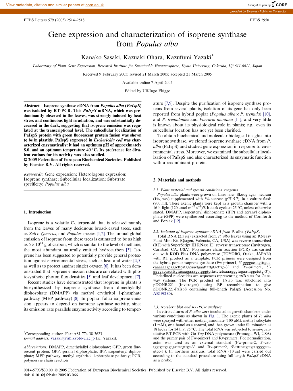 Gene Expression and Characterization of Isoprene Synthase from Populus Alba