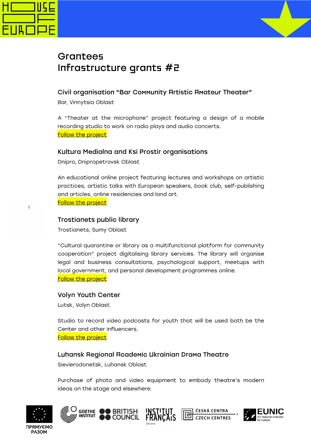 Infrastructure Grants Grantees