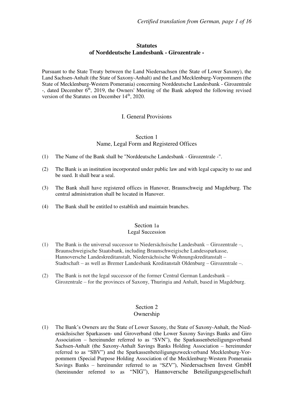 Statutes of the Norddeutschen Landesbank