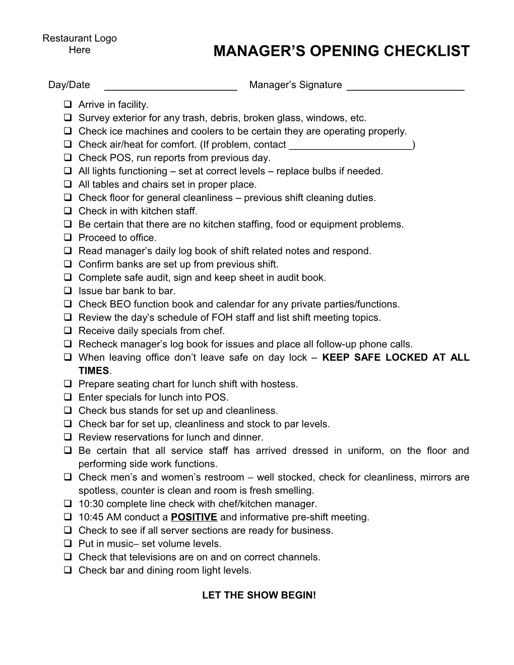 Managers Opening - Shift - Closing Checklist - 050115