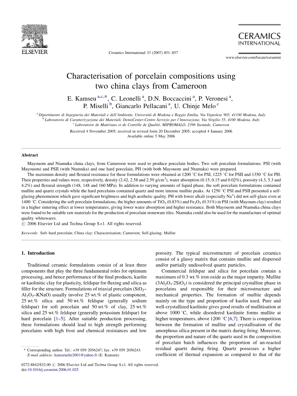 Characterisation of Porcelain Compositions Using Two China Clays from Cameroon E