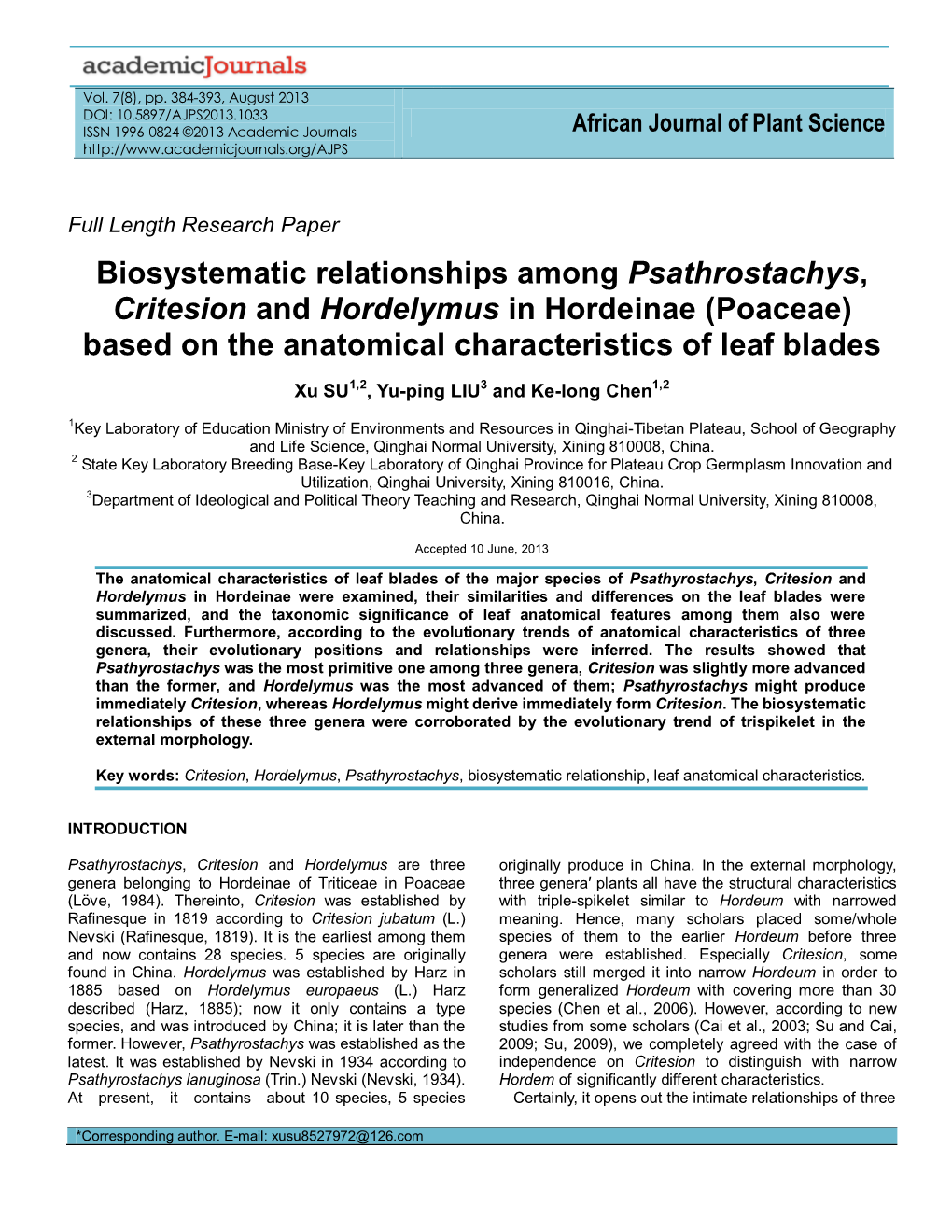 Biosystematic Relationships Among Psathrostachys, Critesion and Hordelymus in Hordeinae (Poaceae) Based on the Anatomical Characteristics of Leaf Blades