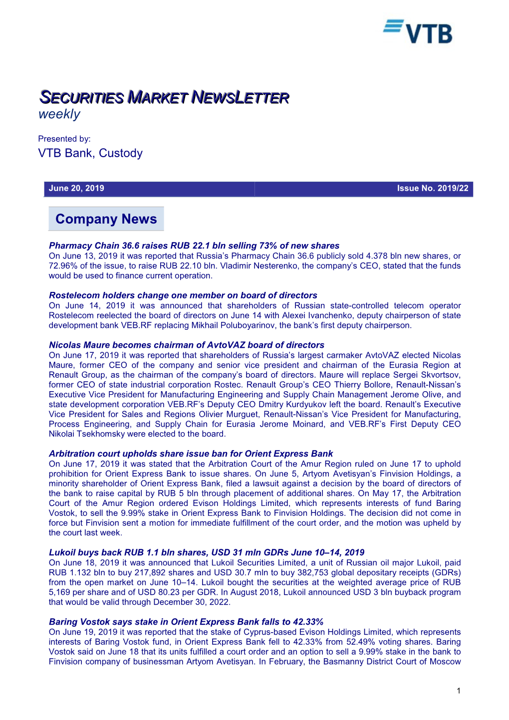 Company News SECURITIES MARKET NEWS