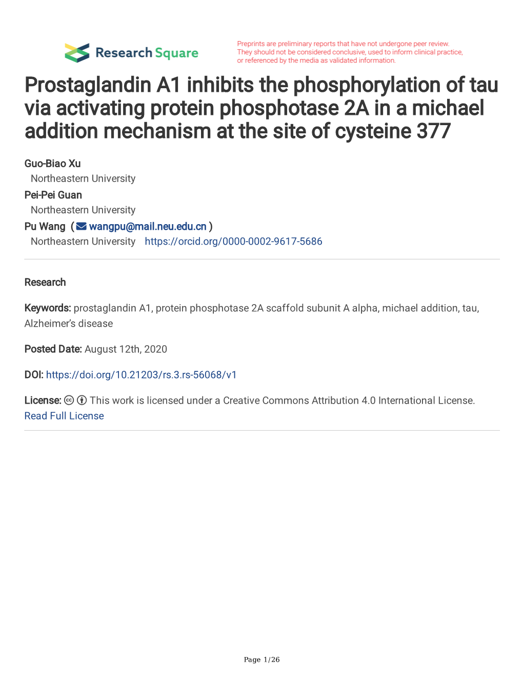 Prostaglandin A1 Inhibits the Phosphorylation of Tau Via Activating Protein Phosphotase 2A in a Michael Addition Mechanism at the Site of Cysteine 377