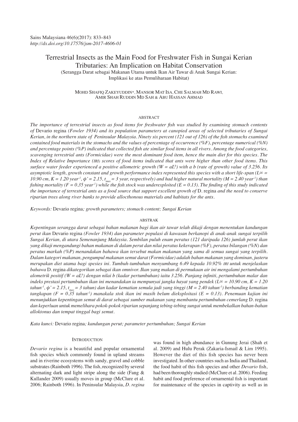 Terrestrial Insects As the Main Food for Freshwater Fish in Sungai Kerian Tributaries: an Implication on Habitat Conservation