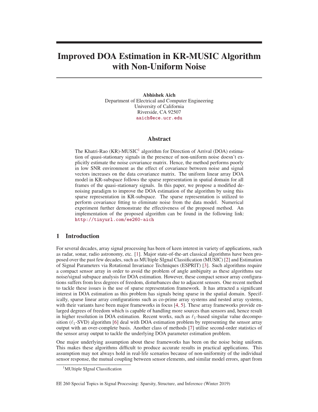 Improved DOA Estimation in KR-MUSIC Algorithm with Non-Uniform Noise