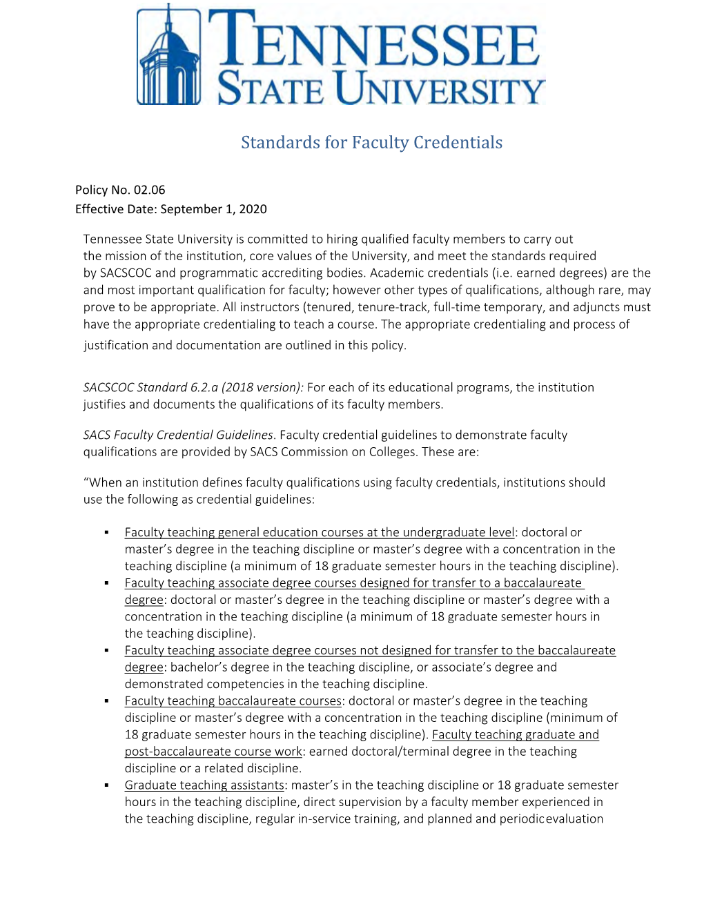 Standards for Faculty Credentials