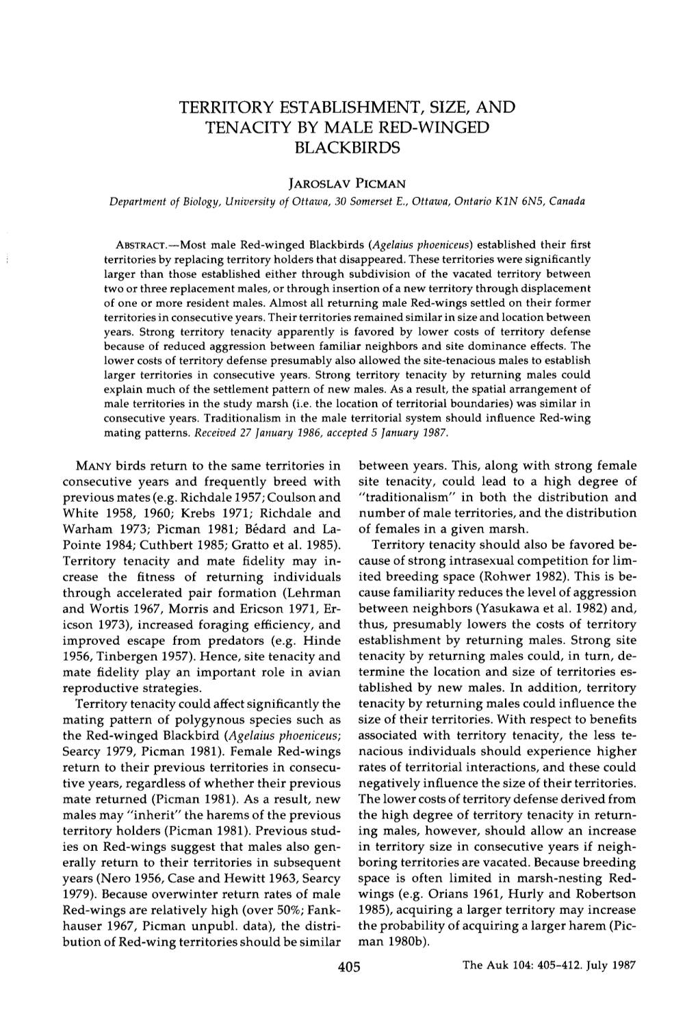 Territory Establishment, Size, and Tenacity by Male Red-Winged Blackbirds