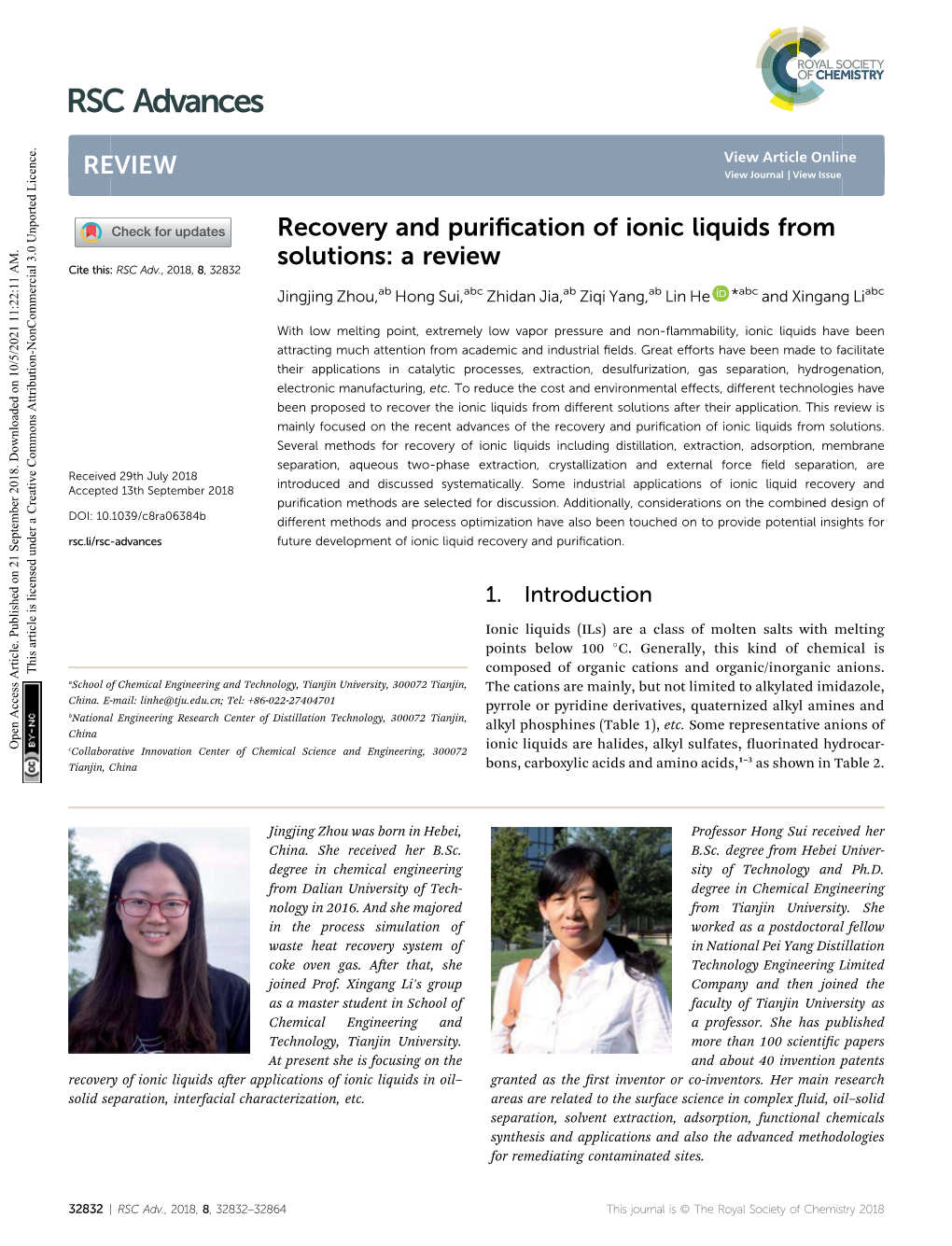 Recovery and Purification of Ionic Liquids from Solutions: a Review