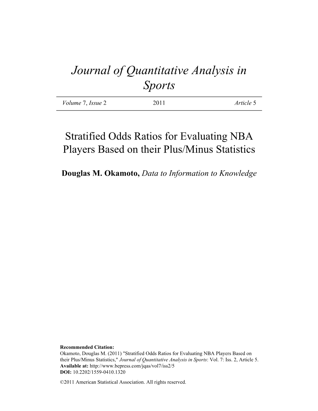 Stratified Odds Ratios for Evaluating NBA Players Based on Their Plus/Minus Statistics