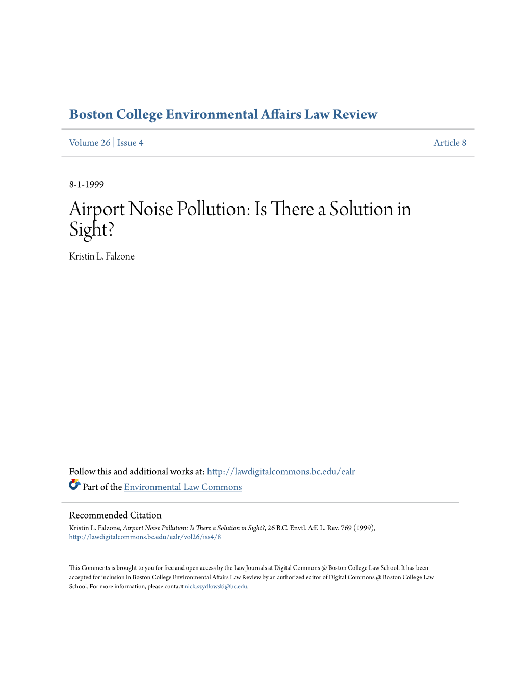 Airport Noise Pollution: Is There a Solution in Sight? Kristin L