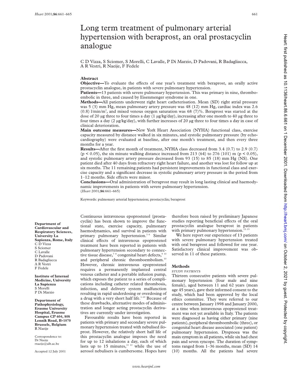 Long Term Treatment of Pulmonary Arterial Hypertension with Beraprost, an Oral Prostacyclin Heart: First Published As 10.1136/Heart.86.6.661 on 1 December 2001