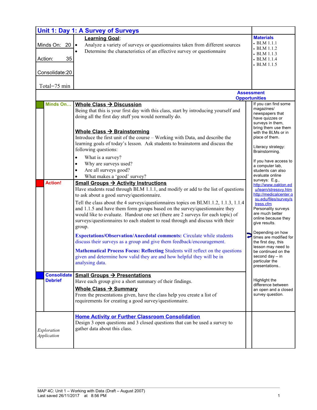 Unit 1: Day 1: A Survey Of Surveys