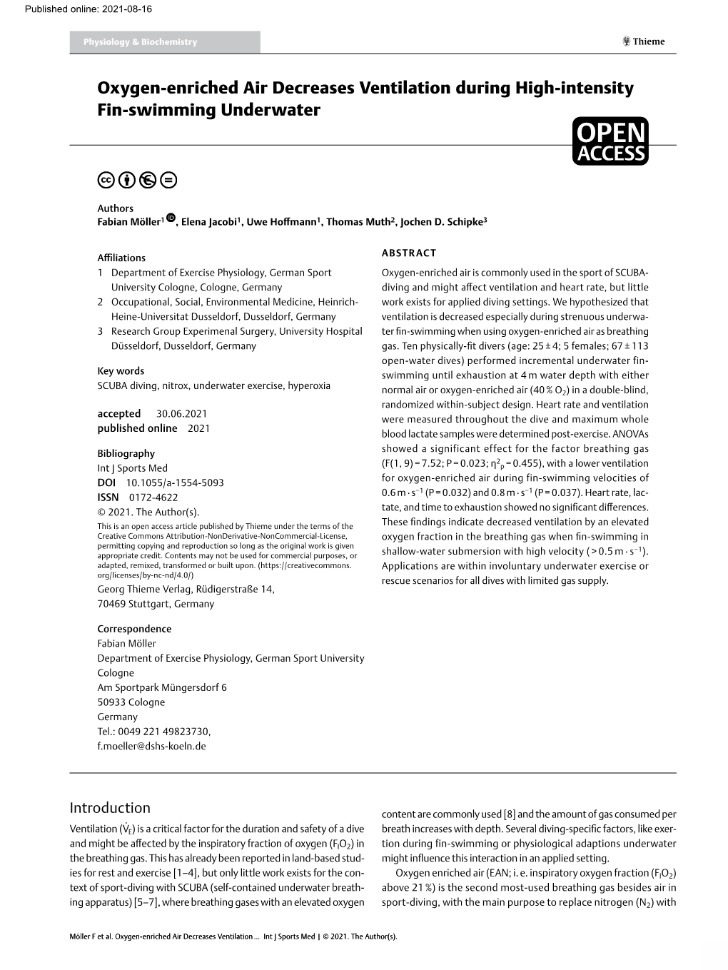 Oxygen-Enriched Air Decreases Ventilation During High-Intensity Fin-Swimming Underwater