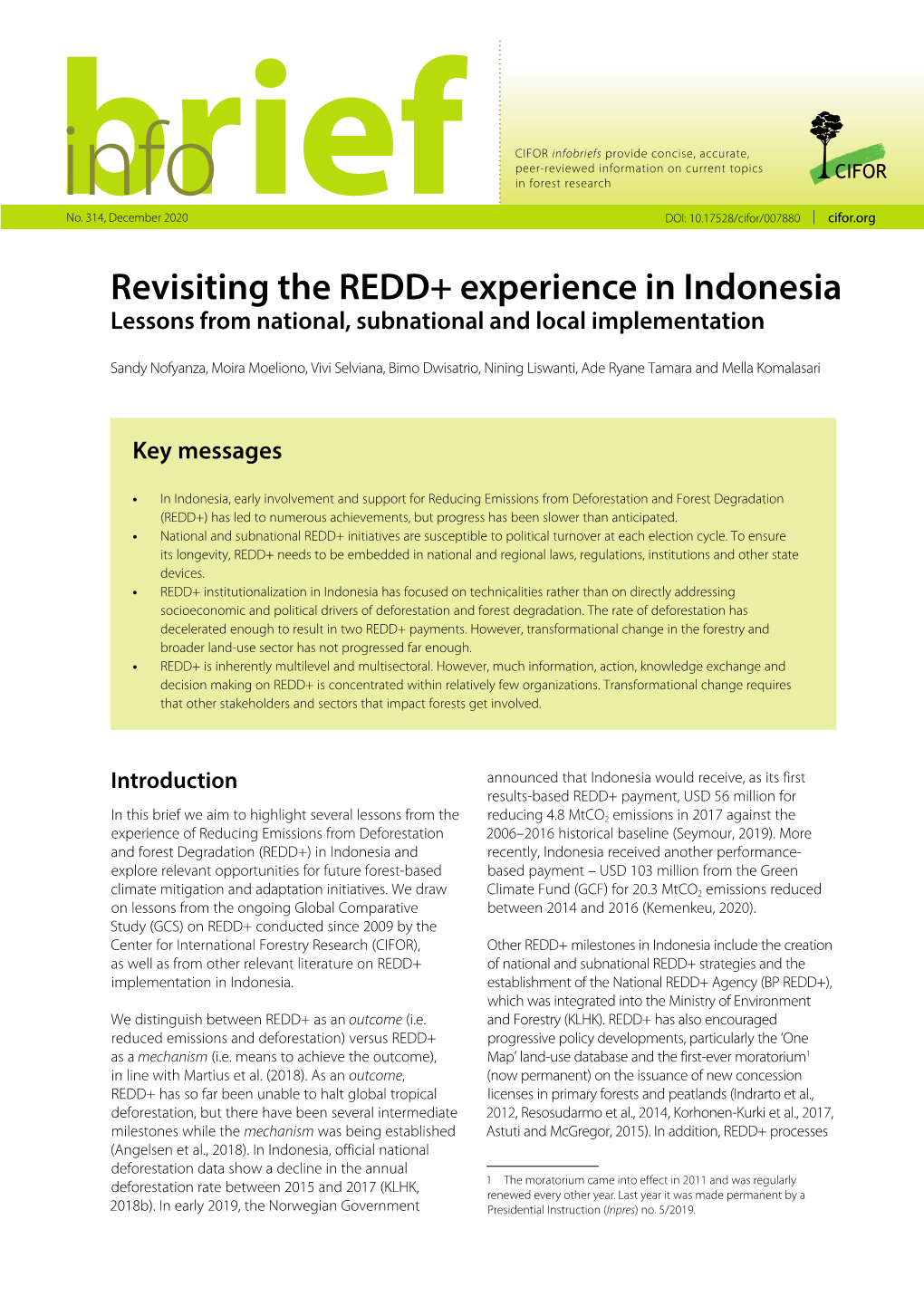 Revisiting the REDD+ Experience in Indonesia Lessons from National, Subnational and Local Implementation