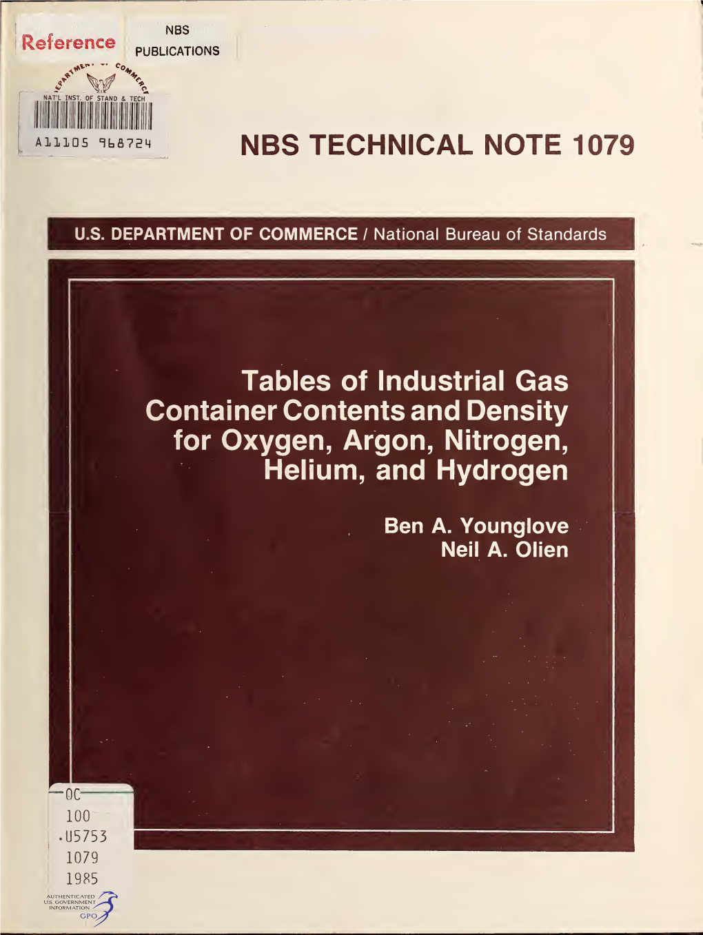 Tables of Industrial Gas Container Contents and Density for Oxygen, Argon, Nitrogen, Helium, and Hydrogen