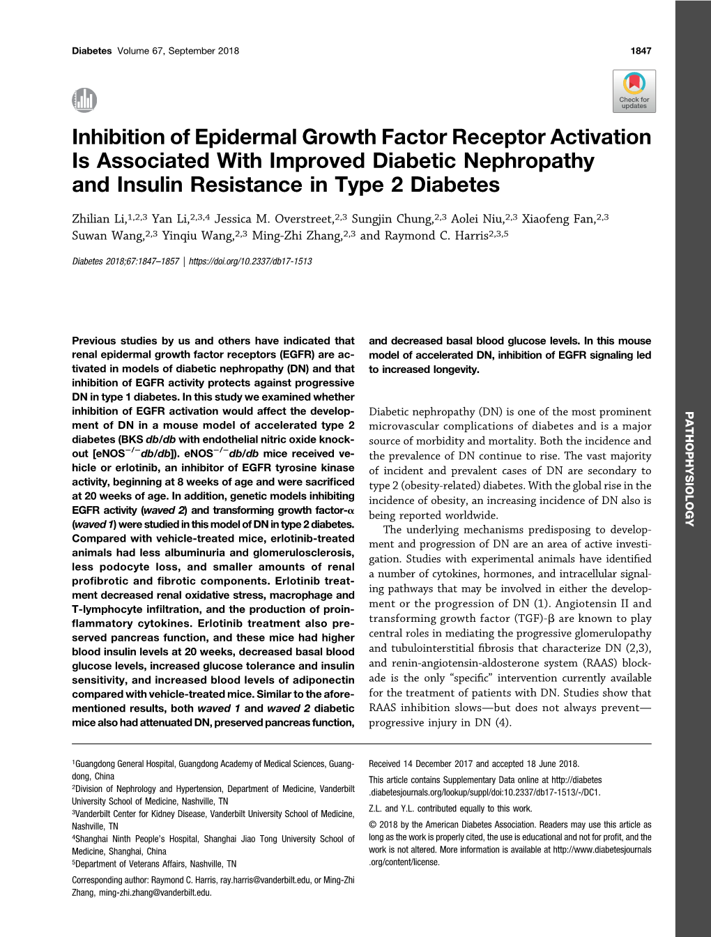 Inhibition of Epidermal Growth Factor Receptor Activation Is Associated with Improved Diabetic Nephropathy and Insulin Resistance in Type 2 Diabetes