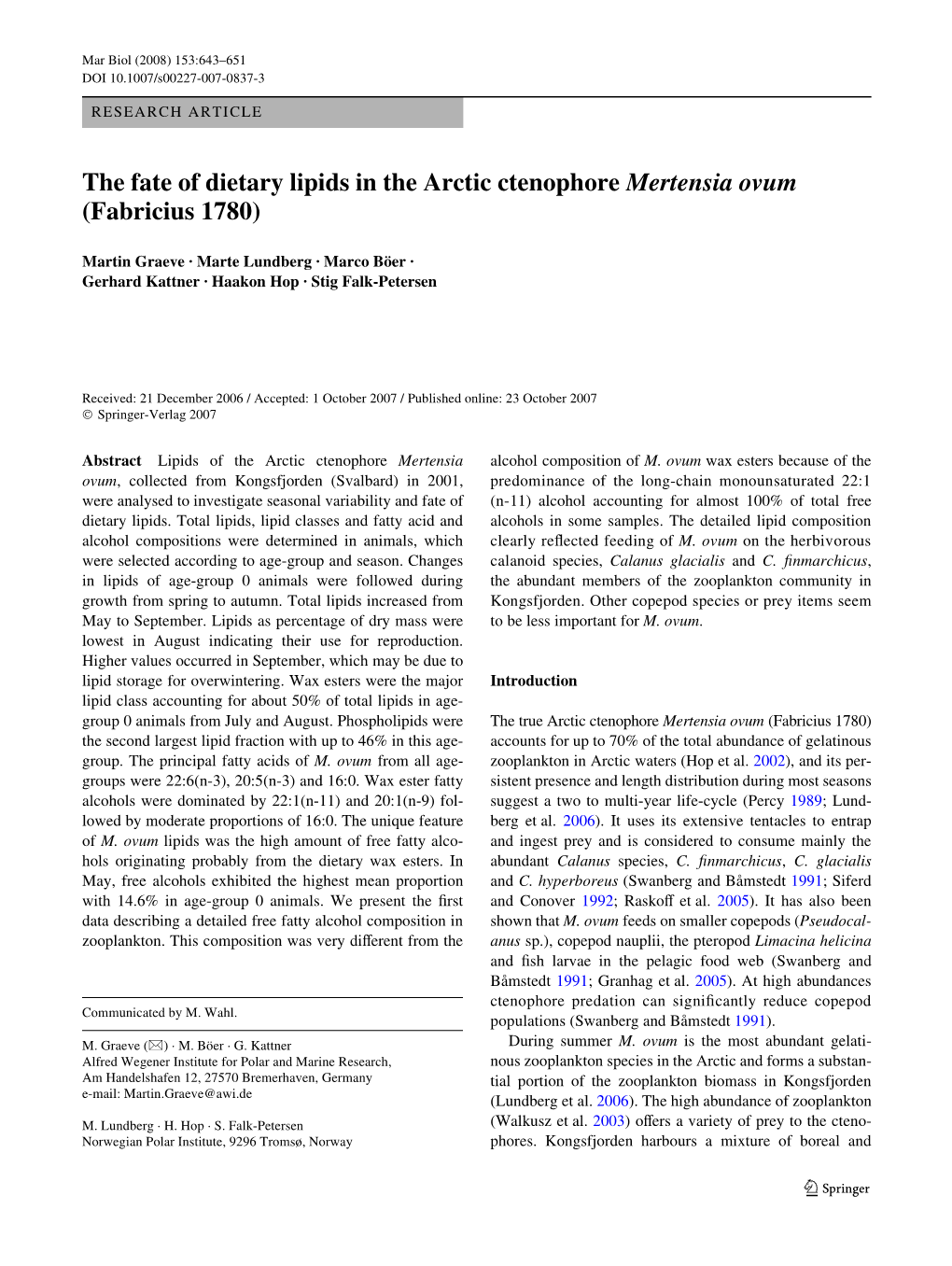 The Fate of Dietary Lipids in the Arctic Ctenophore Mertensia Ovum (Fabricius 1780)