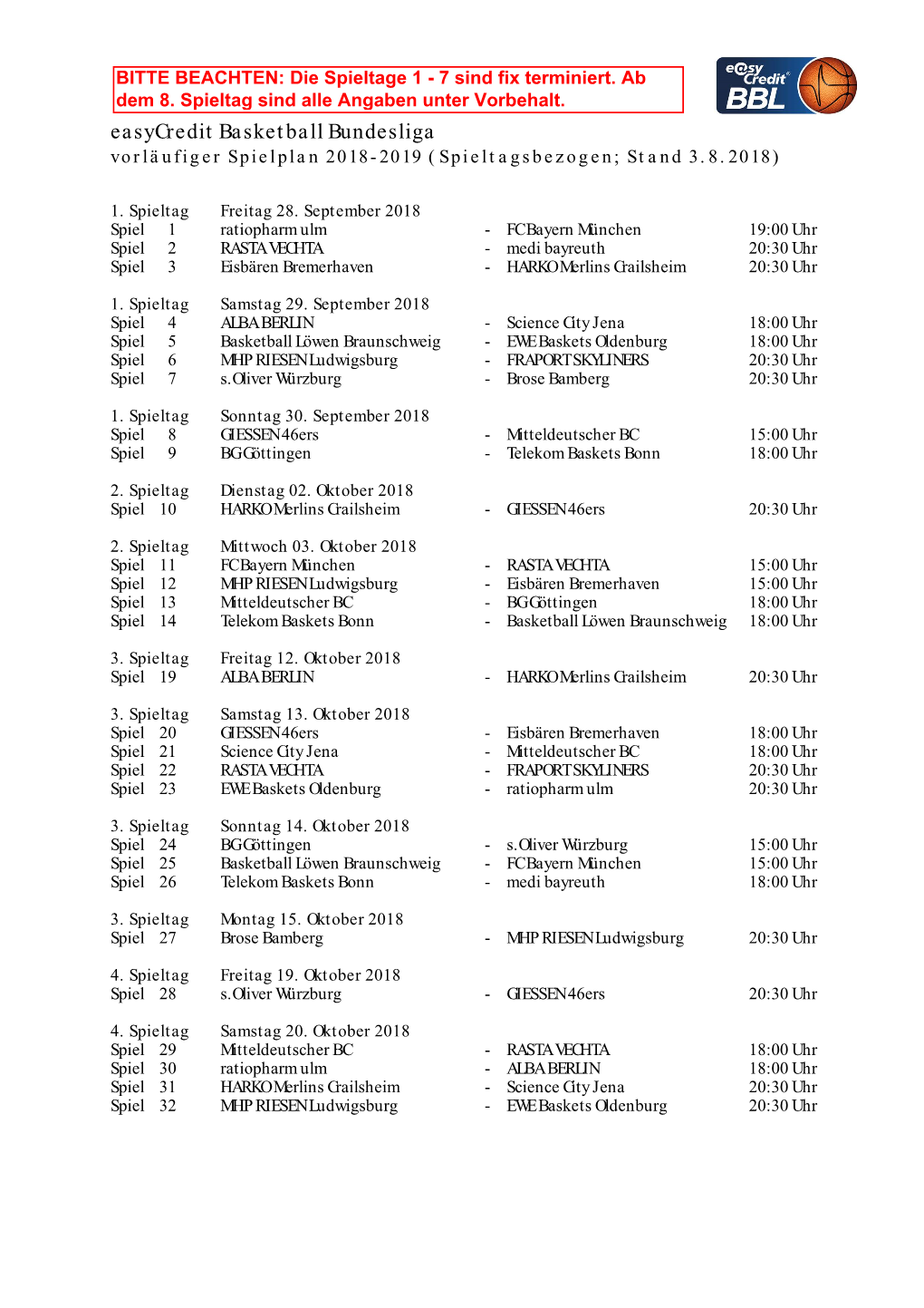 Easycredit Basketball Bundesliga Vorläufiger Spielplan 2018-2019 (Spieltagsbezogen; Stand 3.8.2018)