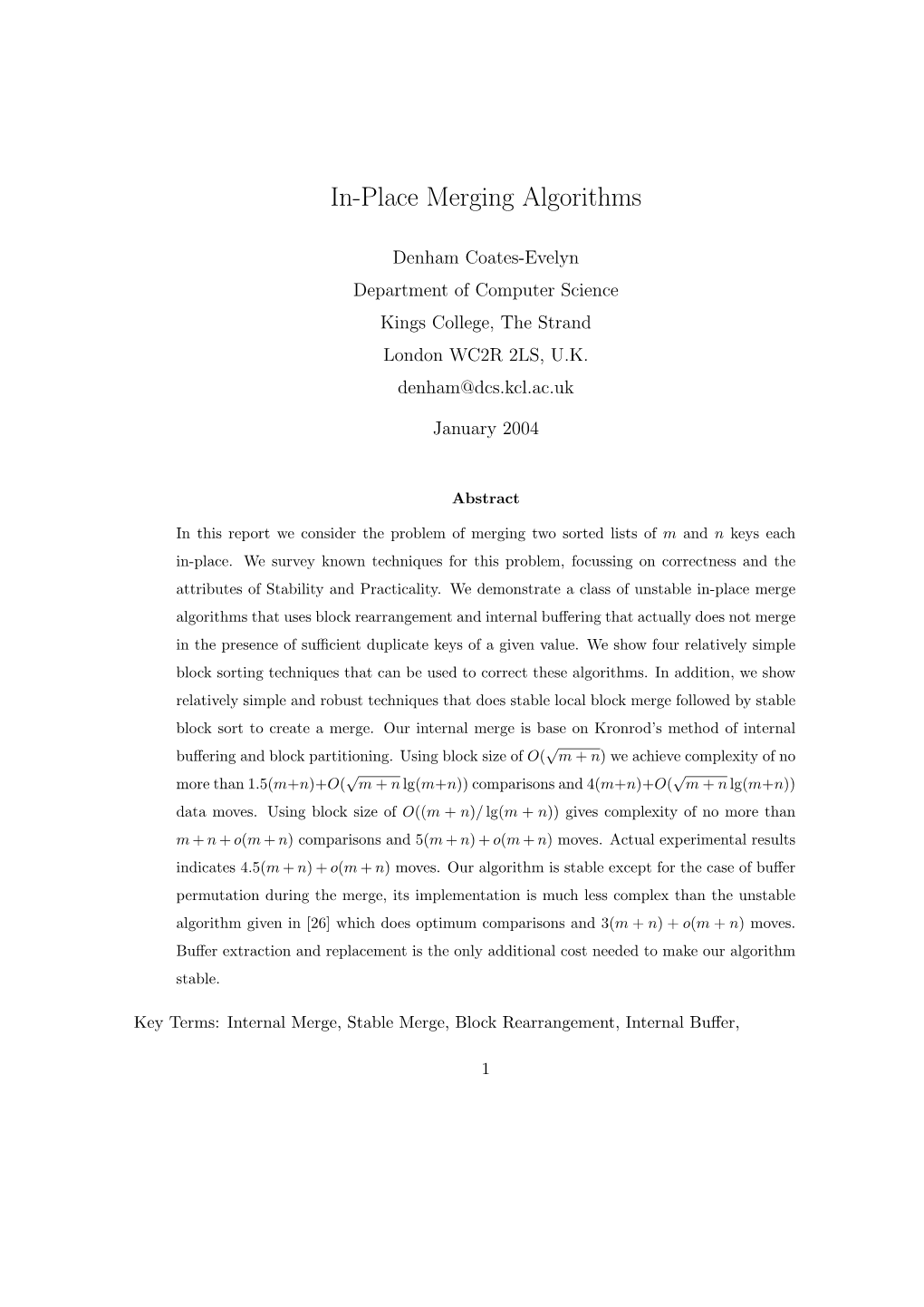 In-Place Merging Algorithms