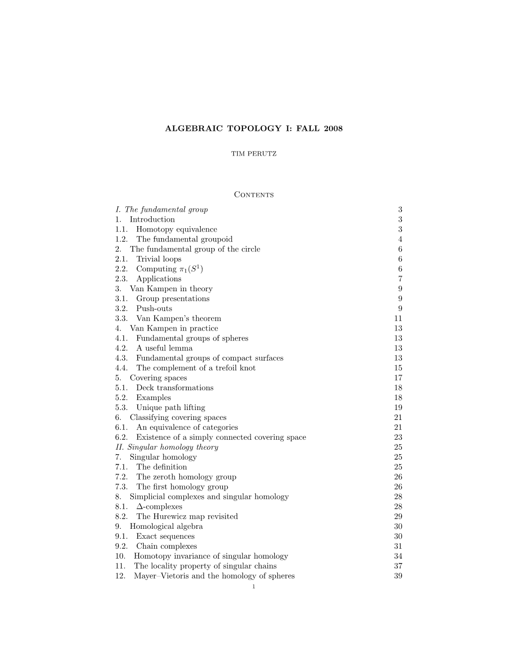 Algebraic Topology I: Fall 2008