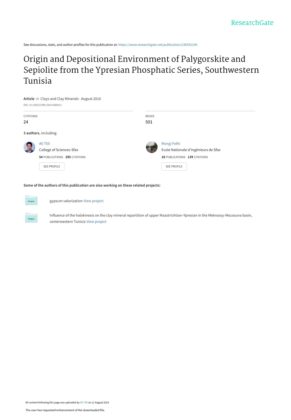 Origin and Depositional Environment of Palygorskite and Sepiolite from the Ypresian Phosphatic Series, Southwestern Tunisia