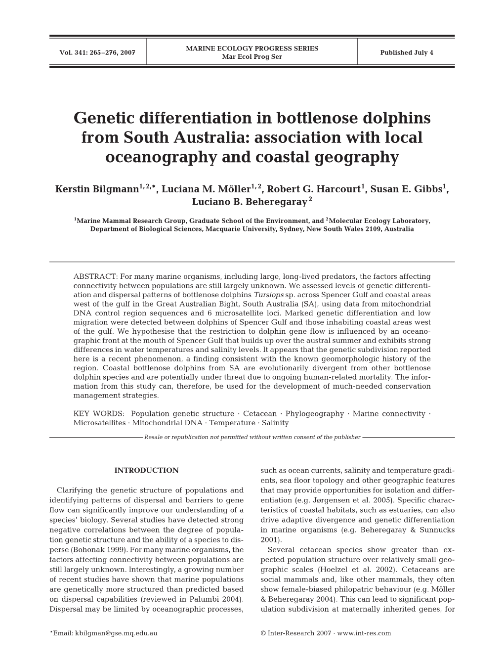 Genetic Differentiation in Bottlenose Dolphins from South Australia: Association with Local Oceanography and Coastal Geography